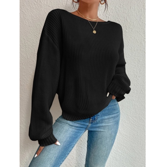 Black Backless Pearl Detail Oversized Knit Sweater Twisted Back Long Sleeve - Picture 4 of 7